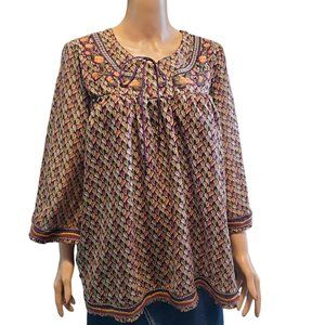 Life Style Woman Sz 1X Leaf Print Front Tie Embroidered Blouse Kimono Sleeves